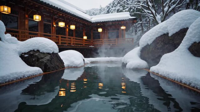 Traditional Ryokan Onsen: A Serene Outdoor Hot Spring in a Snowy Winter Wonderland