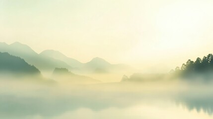 Tranquil misty mountain landscape with serene lake at sunrise