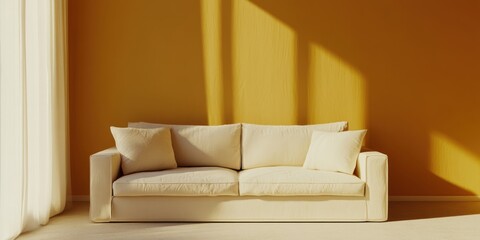 Beige sofa in a sunlit yellow room.