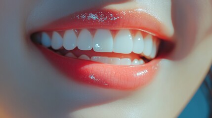 In a tranquil environment, an Asian woman showcases her radiant smile, highlighting her flawless teeth and natural beauty. The soft lighting enhances her joyful expression