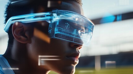 Enhancing athletic performance, a young athlete wears smart glasses that display real-time data while training on a sunny outdoor sports field. Advanced technology aids focus and precision