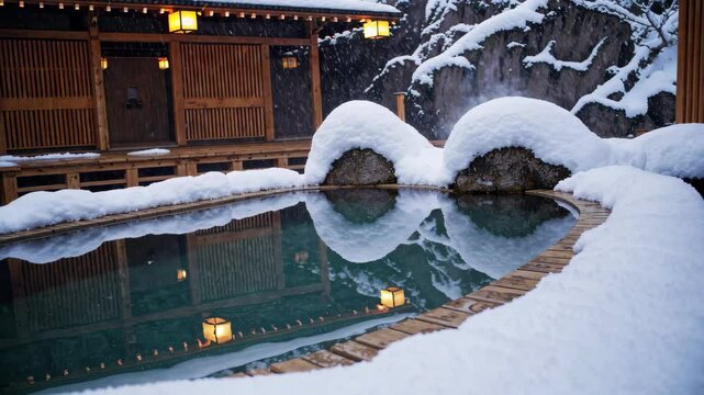 Traditional Ryokan Onsen: A Serene Outdoor Hot Spring in a Snowy Winter Wonderland