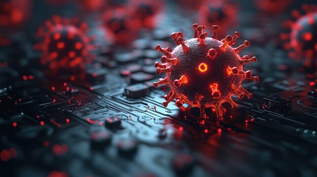 Digital Representation of Virus Attack With Red Warning Icons on a Tech Interface. Generative AI