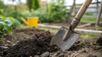 Weathered Garden Spade in Fresh Soil with Rustic Wooden Handle Against Blurred Green Garden Background
