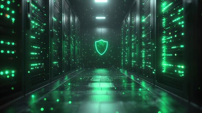 Glowing Shield and Green Data Streams in Secure Server Within a Minimalist Space. Generative AI