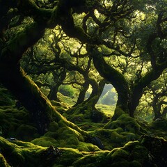 Fototapeta premium Mysterious woodland scene with ancient mossy trees twisting in surreal patterns, creating a dreamlike, otherworldly forest landscape. 