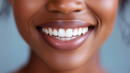 Fototapeta premium A young Black woman with an impressive smile radiates happiness and warmth. Her expression reflects confidence, creating a captivating moment in a serene setting