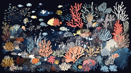 Stylized underwater scene with coral and fish on a dark background, vivid colors and varied patterns are shown