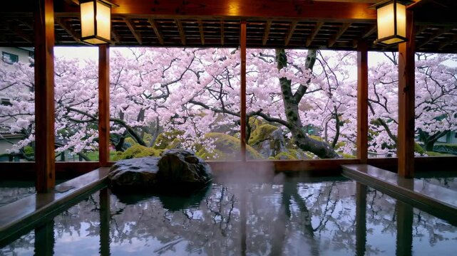 Traditional Ryokan Onsen: A Serene Outdoor Hot Spring with Cherry Blossoms