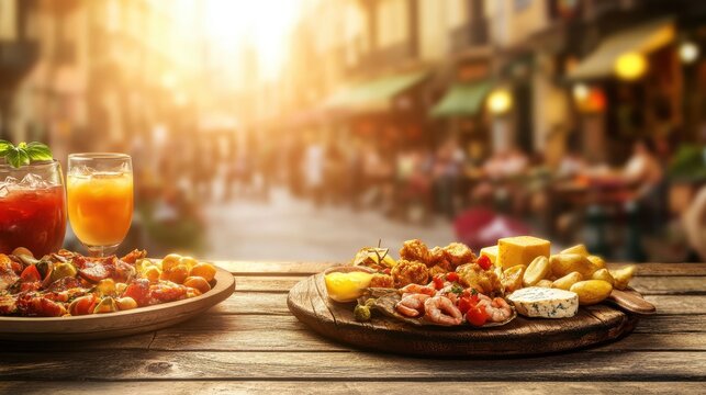 Fototapeta A beautiful spread of traditional Spanish tapas featuring seafood, cheese, and meats is displayed on wooden boards