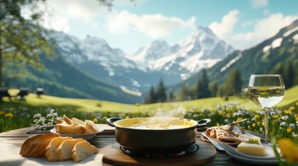 Guests enjoy a delicious pot of cheese fondue surrounded by a beautifully set dining table at a Swiss alpine lodge. The breathtaking mountains create a picturesque backdrop