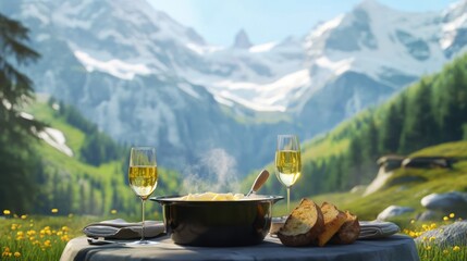 A cozy dining table set in a Swiss alpine lodge features a pot of cheese fondue surrounded by two glasses of sparkling wine. The breathtaking mountains and meadows provide a perfect backdrop