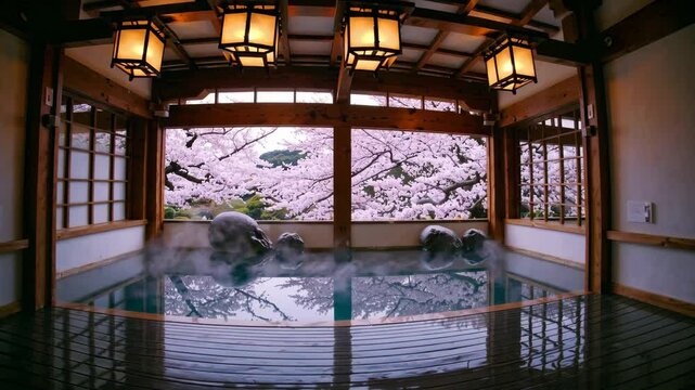 Traditional Ryokan Onsen: A Serene Outdoor Hot Spring with Cherry Blossoms