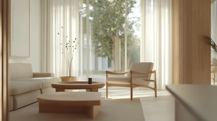 Fototapeta premium Spacious living room featuring large windows that invite natural light, a neutral color palette, and simple, elegant furniture designed for comfort and relaxation
