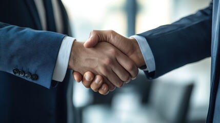 Two confident businessmen, handshakes sealed a deal, symbolizing partnership and success in a modern business setting. Copy space for your message.