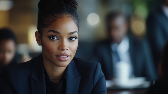 A millennial black businesswoman, with her sharp suit and determined gaze, addressed her colleagues at a bustling corporate meeting, her voice clear and confident as she presented her ideas, a