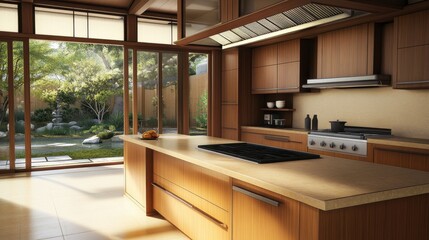 Modern kitchen showcases Japandi style with natural wood cabinetry and a spacious island  Concept of real estate
