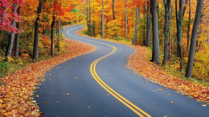Obraz premium A top view of a curved road surrounded by autumn trees with golden and red leaves, highlighting nature's vibrant colors.
