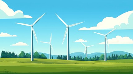 Wind turbines in a green field on a sunny day. Concept of renewable energy, sustainability, and environmental conservation.