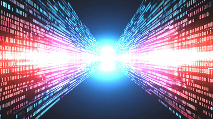 Abstract Digital Data Stream with Red and Blue Glowing Light Streaks on Dark Background