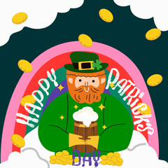 Abstract Happy St. Patricks Day retro groovy poster. Ireland holiday greeting card. A cute cartoon leprechaun character hugs a mug of beer, rainbow and coins