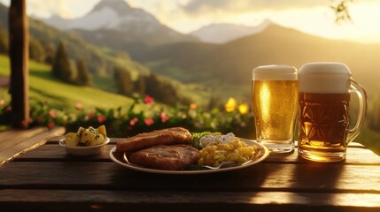 Enjoy a picturesque meal at an Austrian mountain lodge table, featuring traditional dishes and cold beverages as the sun sets over the stunning landscape