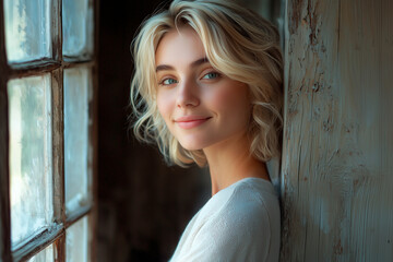 Fototapeta premium a successful 30 year old woman business blonde trainer, captured in a studio, she is dressed in light color, smile, image is perfect for personal branding, corporate photo