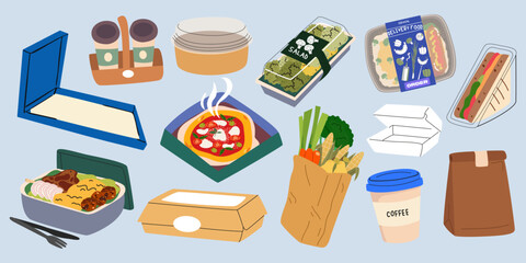 Vector icon collection of delivery food, takeaway lunch, payment methods, delivery service, paper box, packaging. Take out food to home. Fast food delivery cartoon retro stickers
