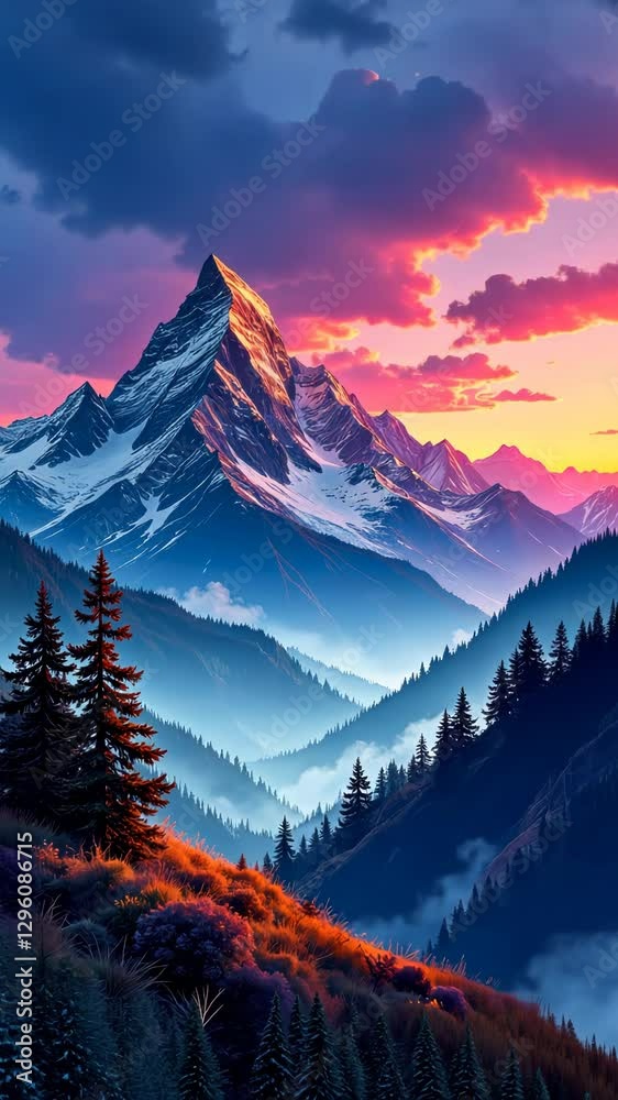 Aufkleber a mountain range with a large mountain in the background. the mountain is covered in snow. the sky i