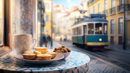 Savoring delectable Portuguese pastries and coffee at a pastelaria in Lisbon. A colorful tram rolls through the charming streets, adding to the delightful atmosphere