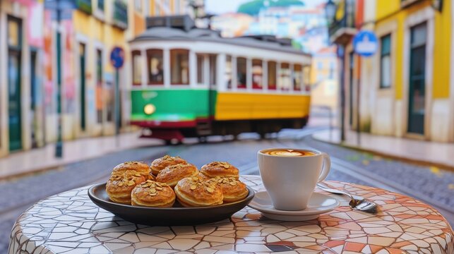 A table at a quaint pastelaria features golden pastries and a steaming cup of coffee, set against the backdrop of a colorful tram rolling through Lisbon's charming streets