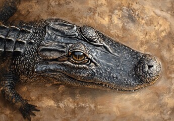 Obraz premium Highly Detailed Artistic Representation of a Crocodile Head with Intricate Scales and Captivating Eye on a Textured Background