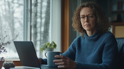 A middle-aged woman with curly hair and glasses sits at a desk by the window, focused on her laptop. Outside, snow blankets the landscape, creating a peaceful winter atmosphere