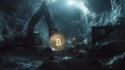 Massive industrial machinery operates within a dark underground mine, focused on cryptocurrency mining. Workers manage equipment as digital currency is generated in the depths