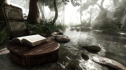 Tranquil Forest Stream with Open Book and Ancient Stone