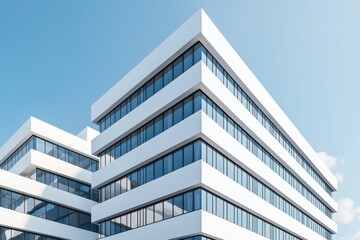 Modern architecture of a white office building against a blue sky. Exterior view of a contemporary commercial building.