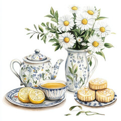 illustration of soothing tea time, painted in realistic style