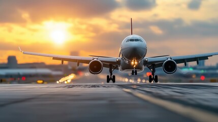 Obraz premium Aircraft Approaching Runway at Sunset with Beautiful Orange Sky and Airport in Background Creating Tranquil Travel Atmosphere for Aviation Lovers