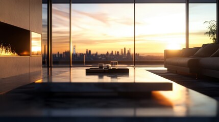 Fototapeta premium The modern penthouse living room features floor-to-ceiling windows showcasing a breathtaking sunset over the city skyline. Cozy sofas and a stylish coffee table enhance the luxurious atmosphere