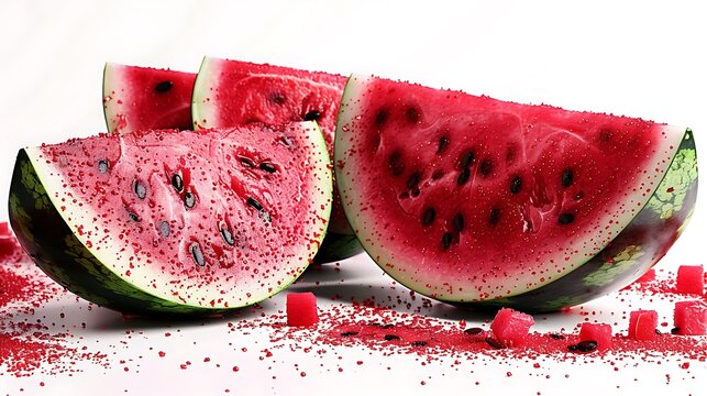 Whole watermelon sitting beside bright red cut pieces in an artistic display on a fresh white background