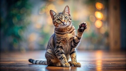 Adorable Tabby Cat with Short Hair Sitting, Paw Raised, Tilt-Shift Effect - PNG