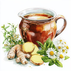 Illustration painted in realistic boho style shows healthy drink