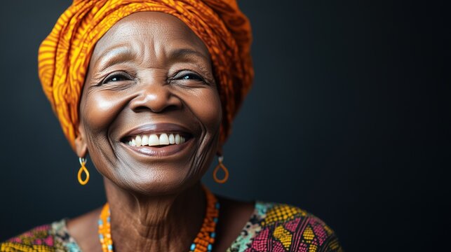A joyful African woman smiles brightly, showcasing her beautiful head wrap and colorful beaded necklace. Her expression radiates warmth and happiness in a lively setting