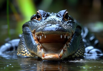 Obraz premium Intimidating Close-Up of a Alligator Sunbathing in a Natural Habitat Surrounded by Lush Greenery Reflecting in Calm Water During Bright Daylight