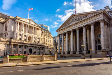 Royal Exchange and Bank of England buildings in City of London, UK