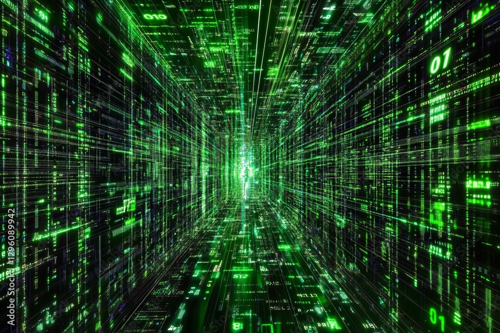 Poster abstract digital tunnel green binary code data stream network technology futuristic background moder