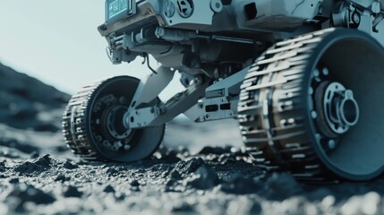 A robotic rover traverses the rugged surface of an alien landscape, utilizing advanced technology to analyze soil samples and conduct experiments