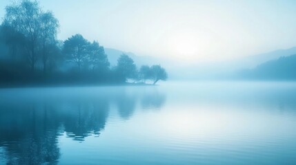 Fototapeta premium Serene misty lake at dawn with ethereal blue hues and reflective waters