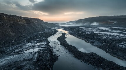A coal mine with polluted water flowing from it, and the surrounding land scarred and barren