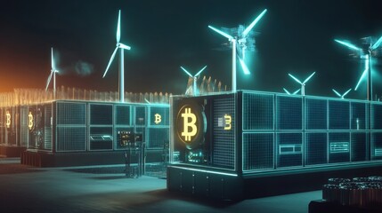 The Bitcoin mining facility operates at night, utilizing renewable energy from wind turbines. Bright neon lights illuminate the mining rigs, creating a vibrant atmosphere